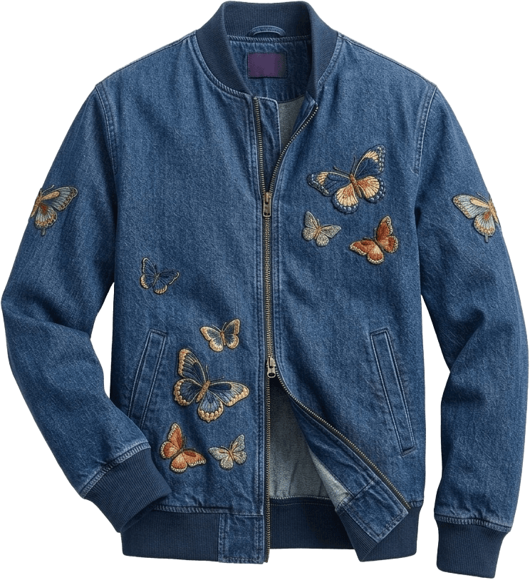 Midnight Indigo — a denim bomber with butterfly embroidery