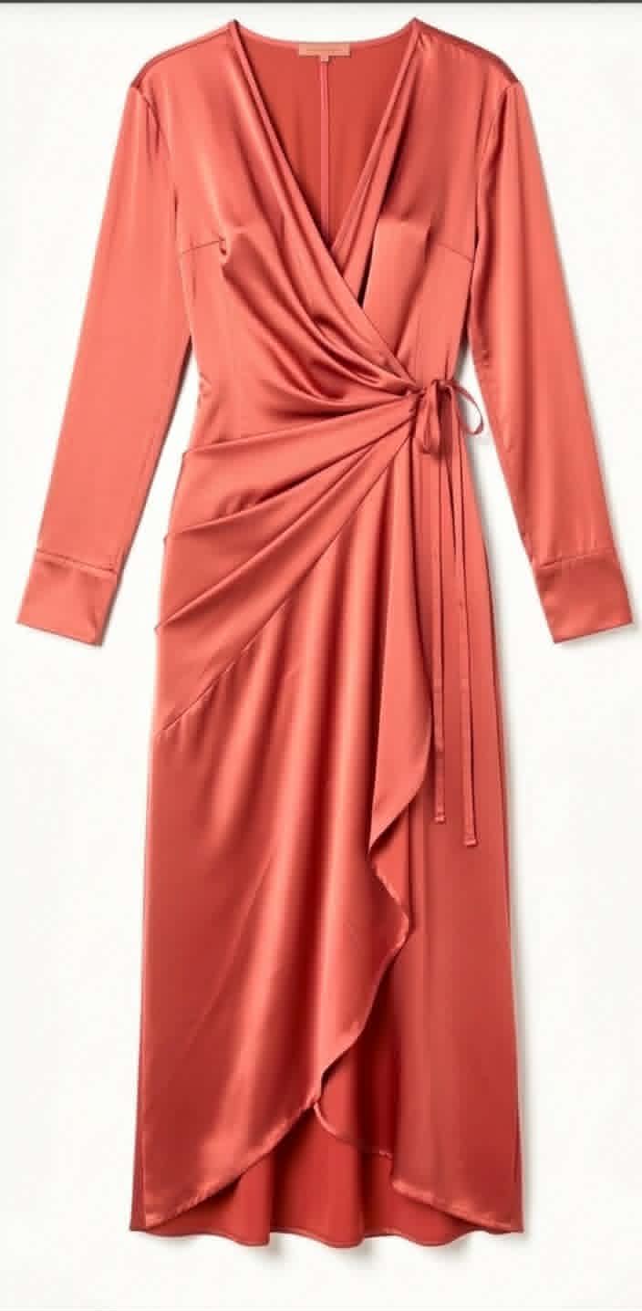 A custom modest wrap dress in a darker tone