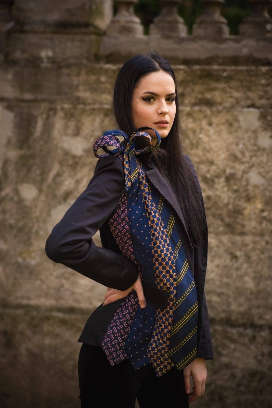 A tailored blazer remade with a collar built from patterned silk ties