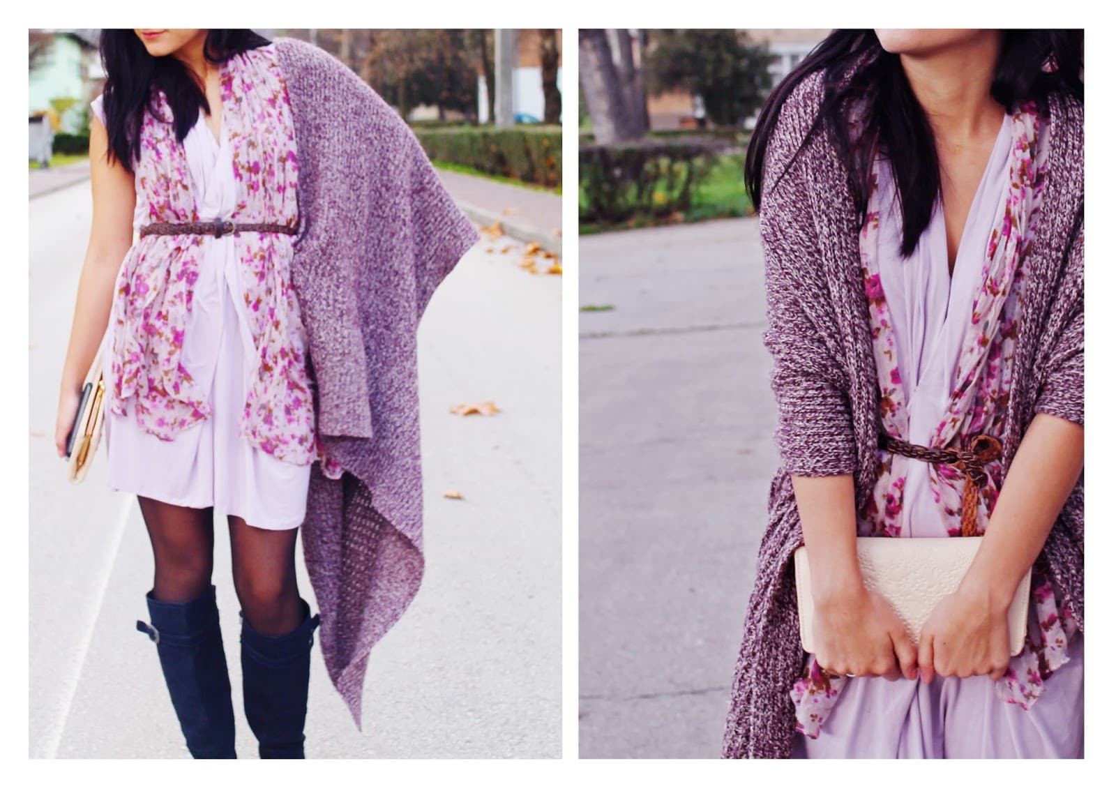 A custom made violet dress on a model