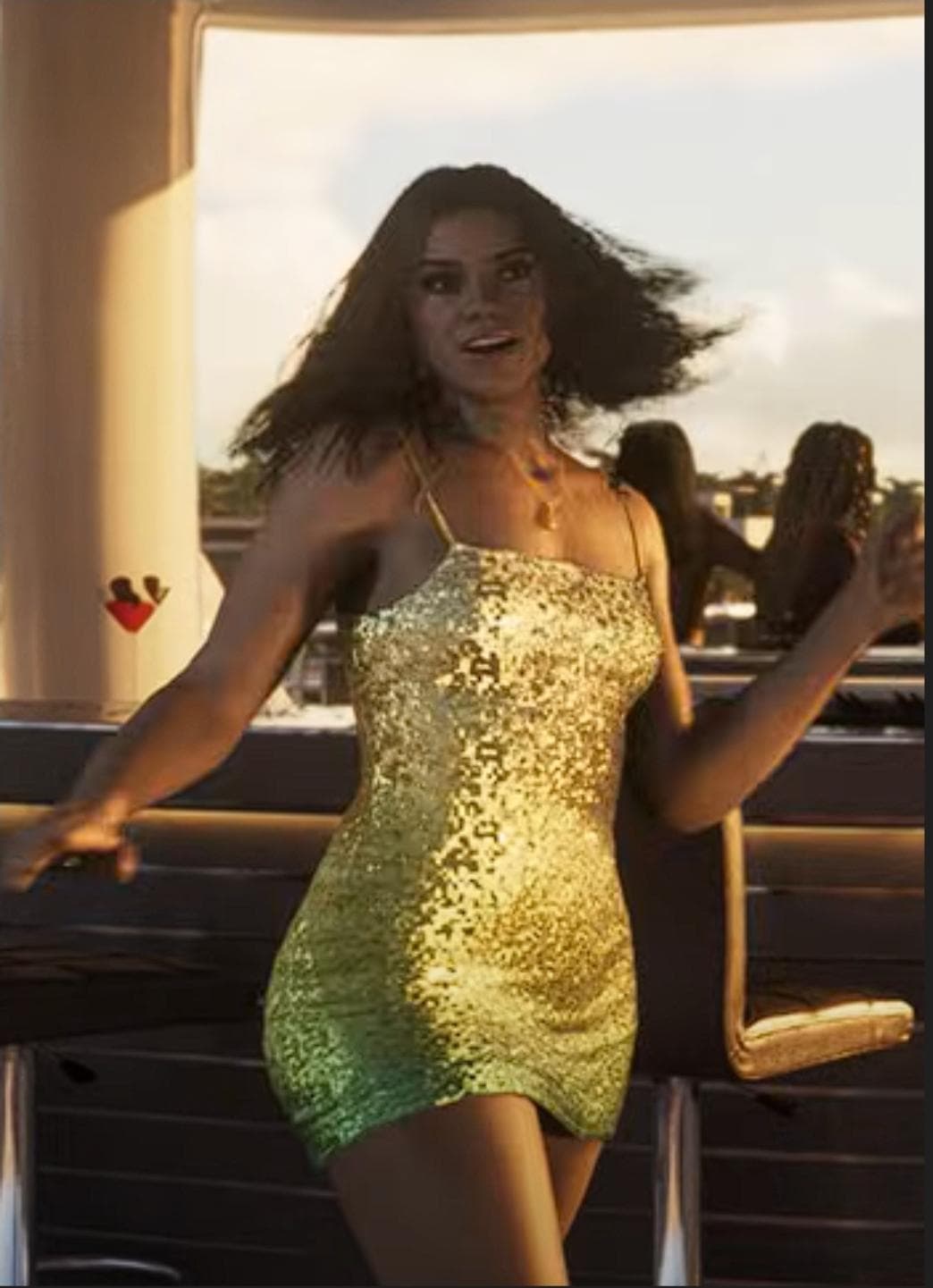 Lucia in the first trailer, dancing at a rooftop bar at sunset in a gold sequin mini dress with thin straps and a straight neckline