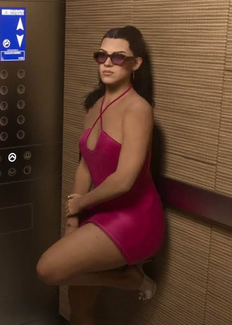 The same hot-pink halter mini dress worn off-screen, in a lift, with sunglasses and gold hoops