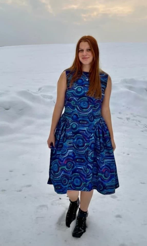 Ena wearing the Ena Blue Indigenous Dress full-length