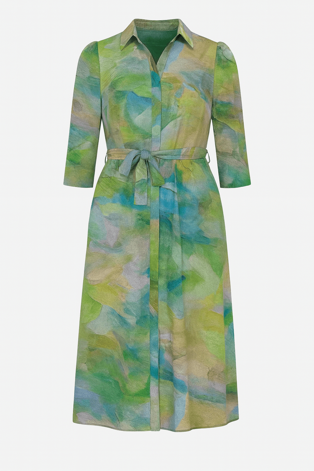 The same shirt dress rendered in a painterly green, yellow and blue silk, shown flat on a plain background