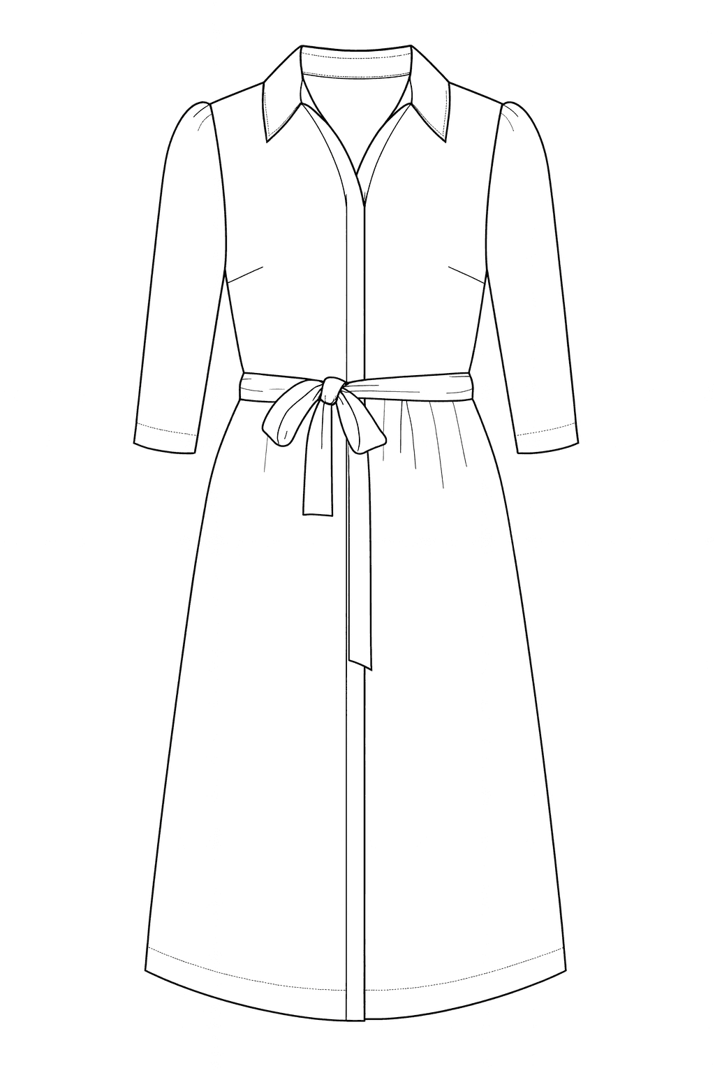 Black and white technical flat of a shirt dress with collar, button-through front, three-quarter sleeves, tie belt and A-line midi skirt