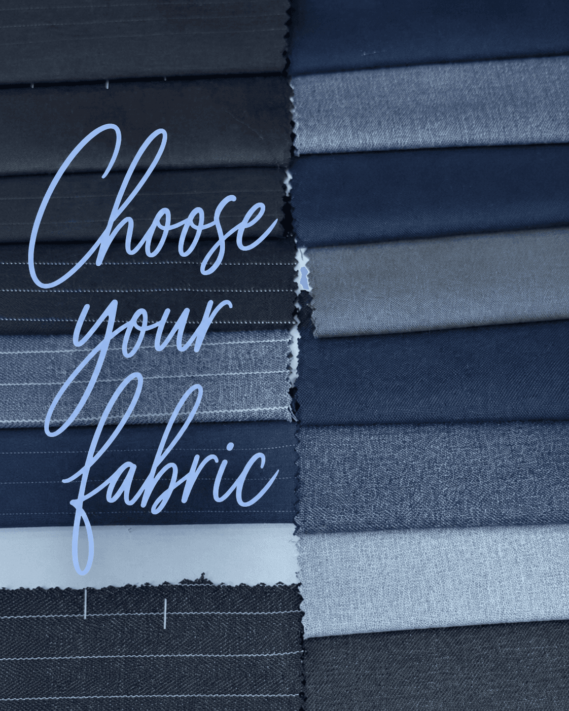 A stack of suiting fabric swatches in blues and greys, the starting point for a custom made garment
