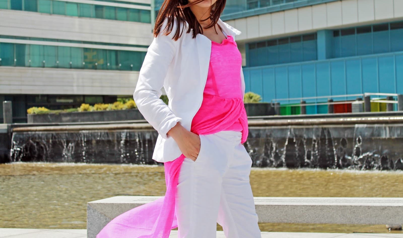 Custom made white pants styled with a white blazer — made to measure for everyday wear