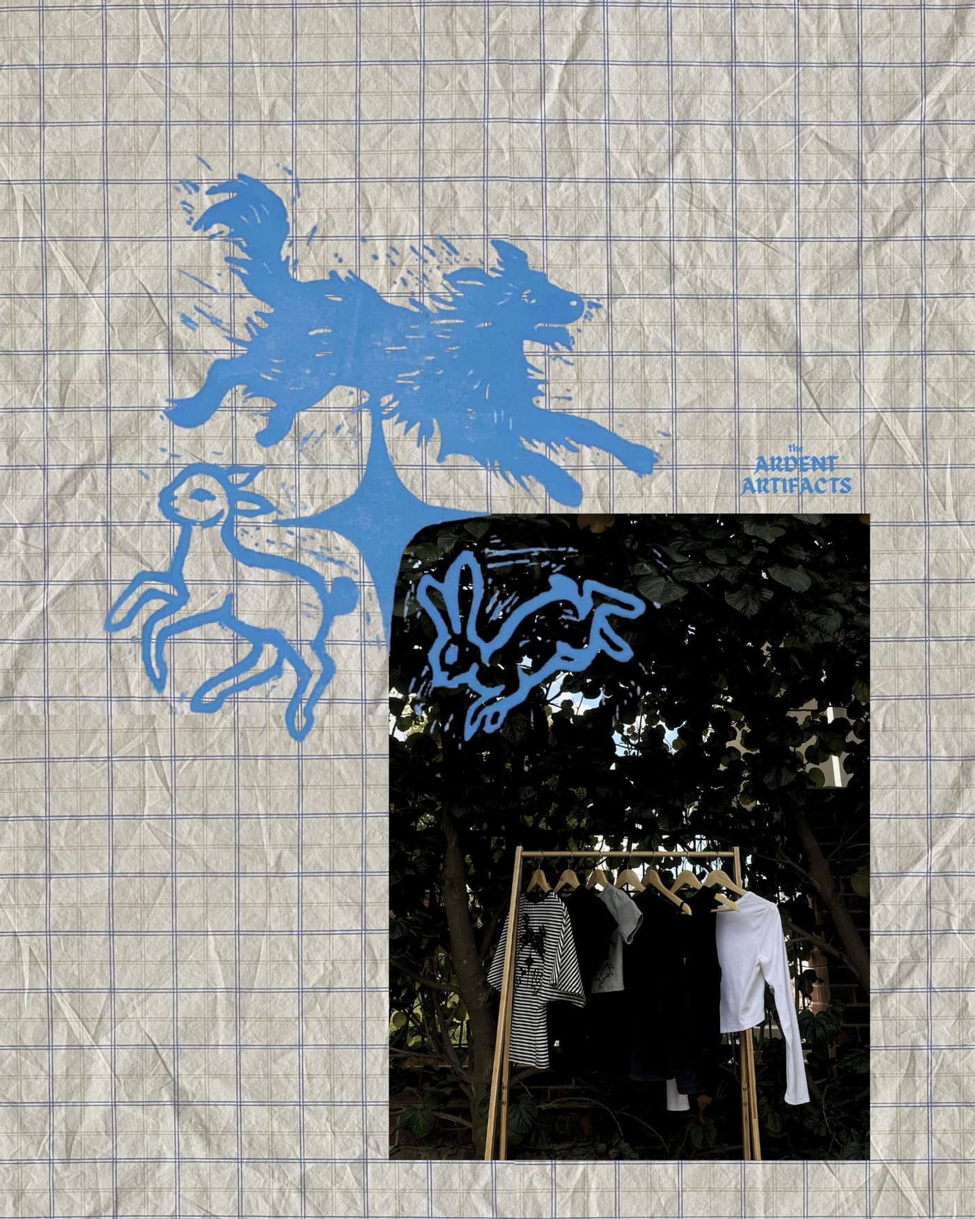 Blue lino print collage of the dog, lamb and hare over graph paper and a rack of tees