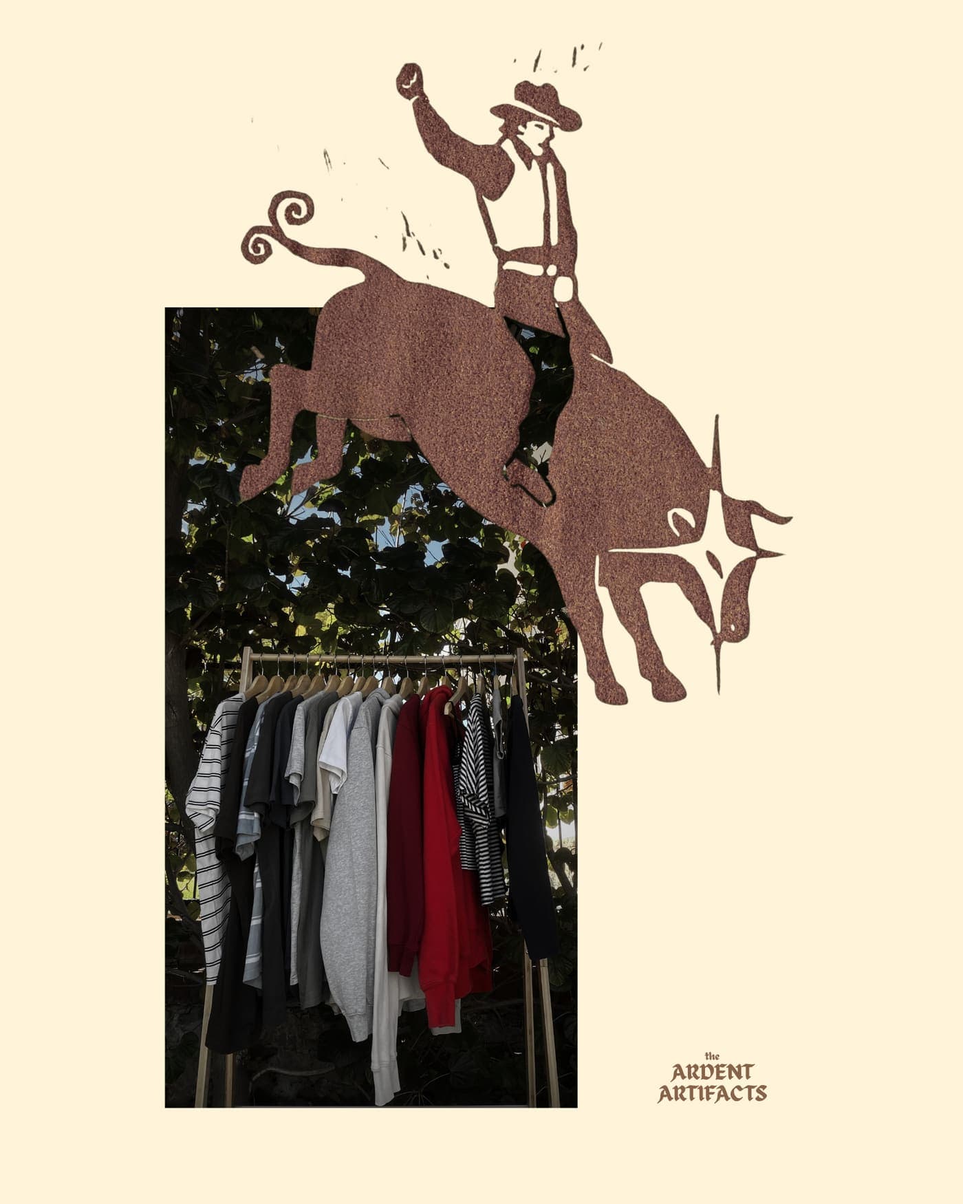 Rust-brown bull rider lino print collage over a rack of second-hand tees