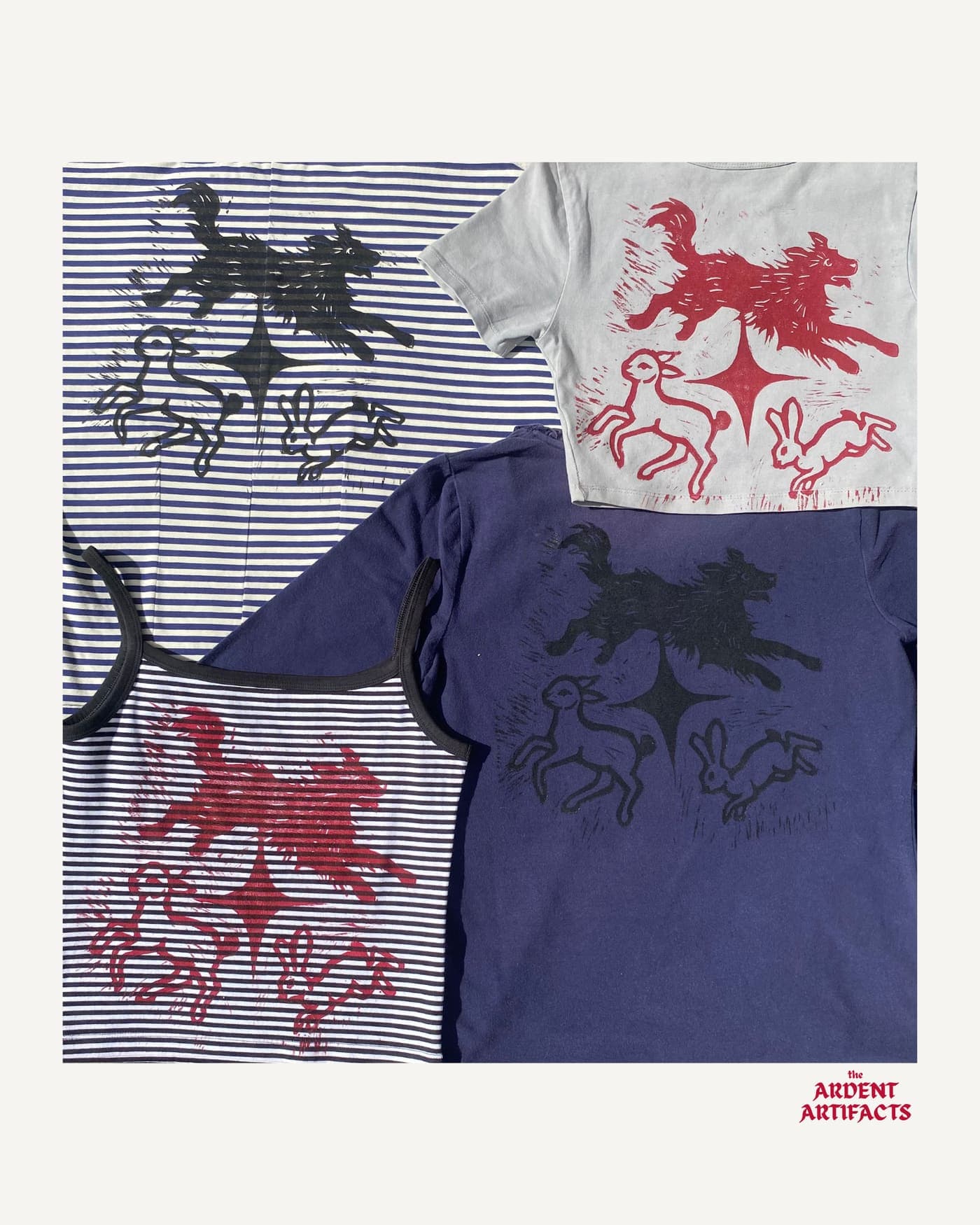 Dog, lamb and hare lino prints in red and black on striped and navy tops