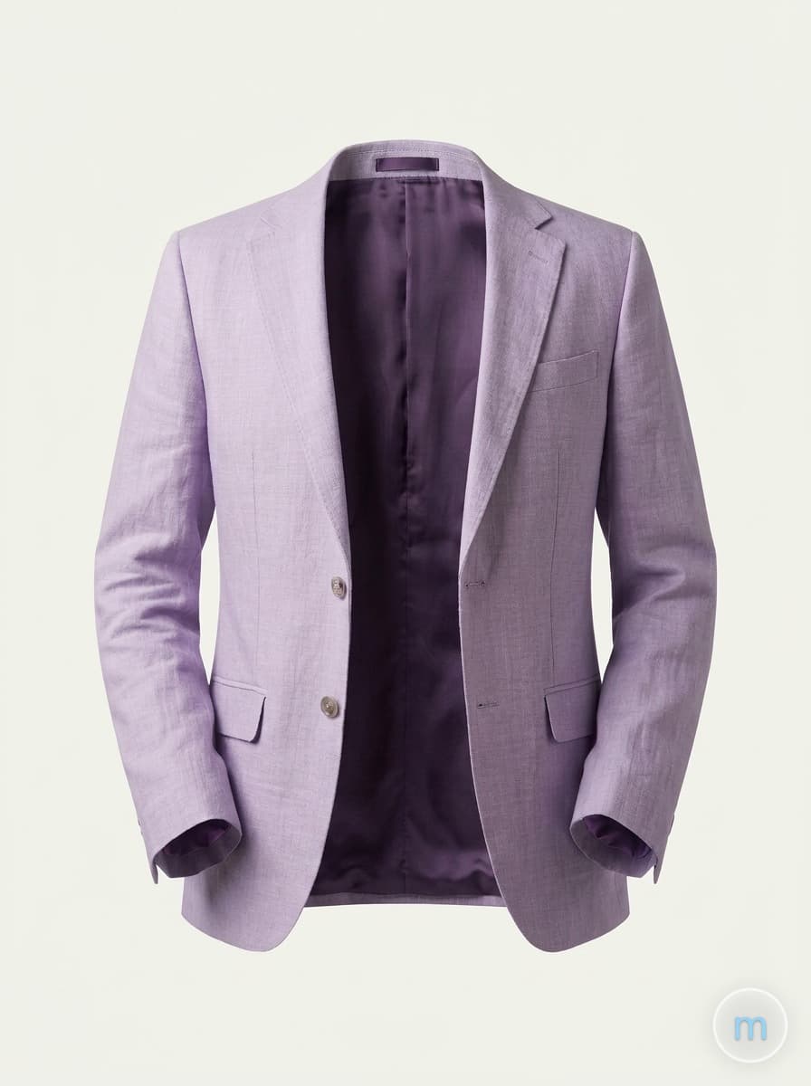 A lilac linen blazer with notch lapels and patch pockets laid flat, holding its shape without padding