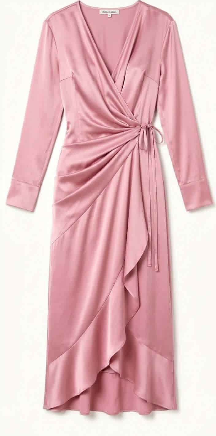 A custom made blush long-sleeve modest bridesmaid wrap dress