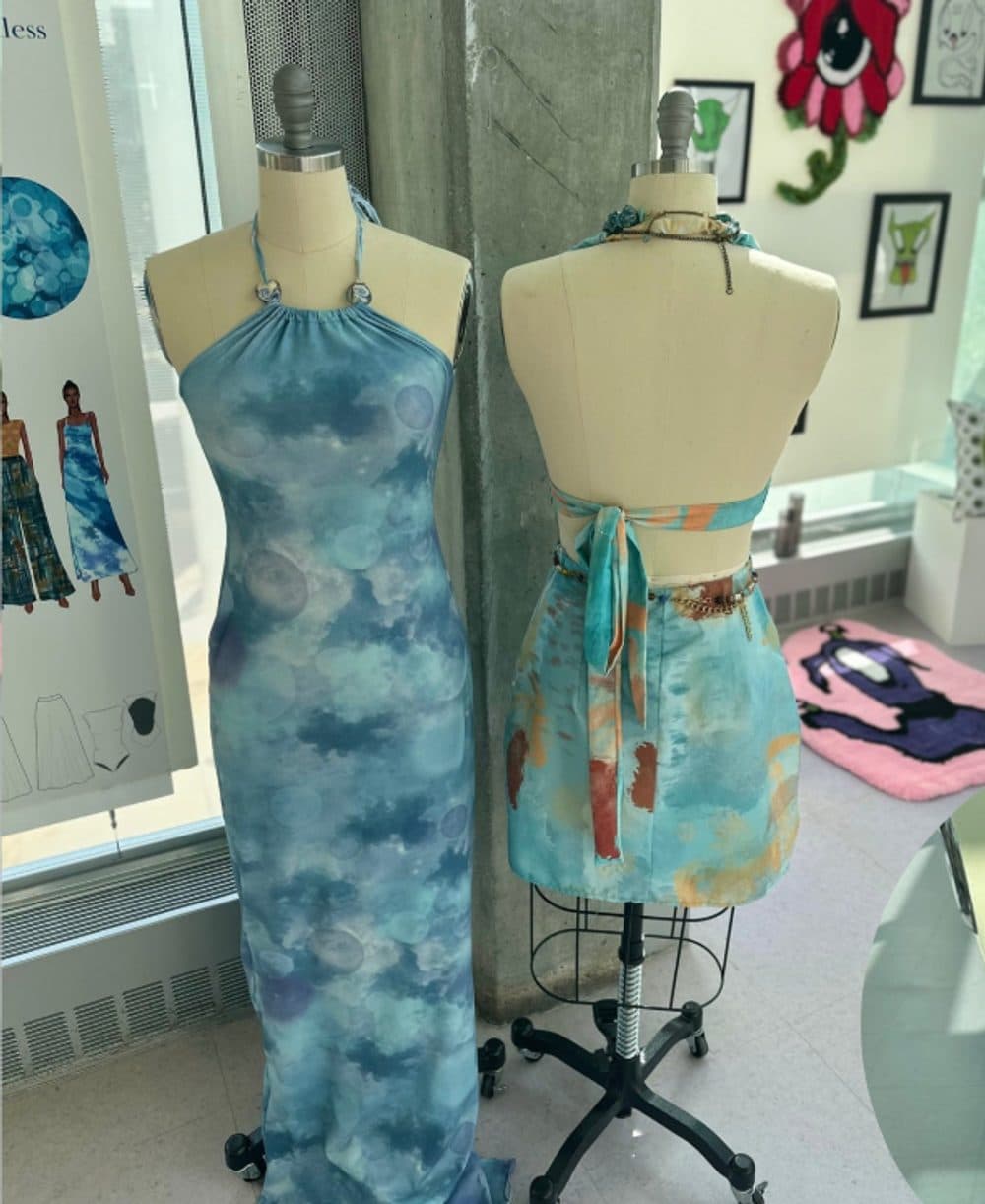 The column dress from the front beside the two-piece from the back, showing the tie-back halter