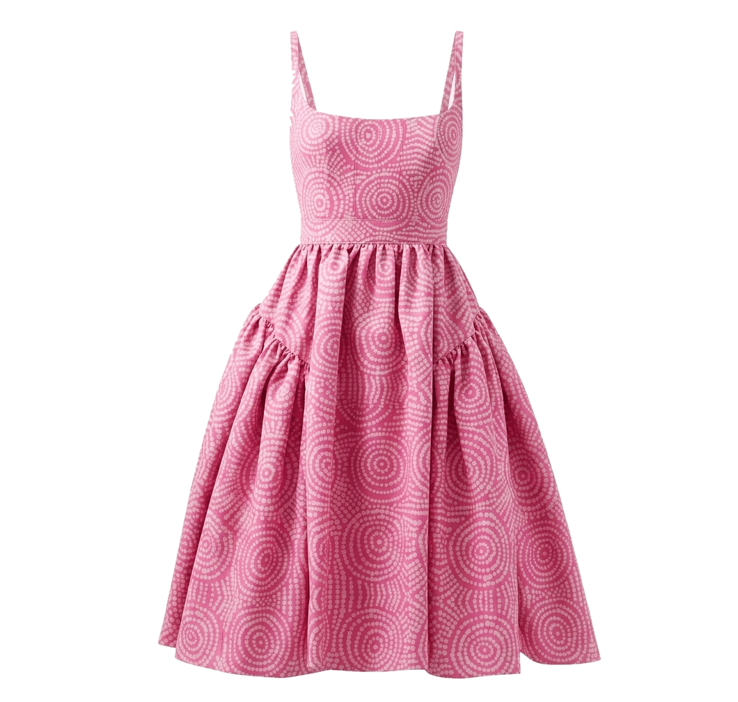 A custom made pink First Nations print dress, sewn to individual measurements