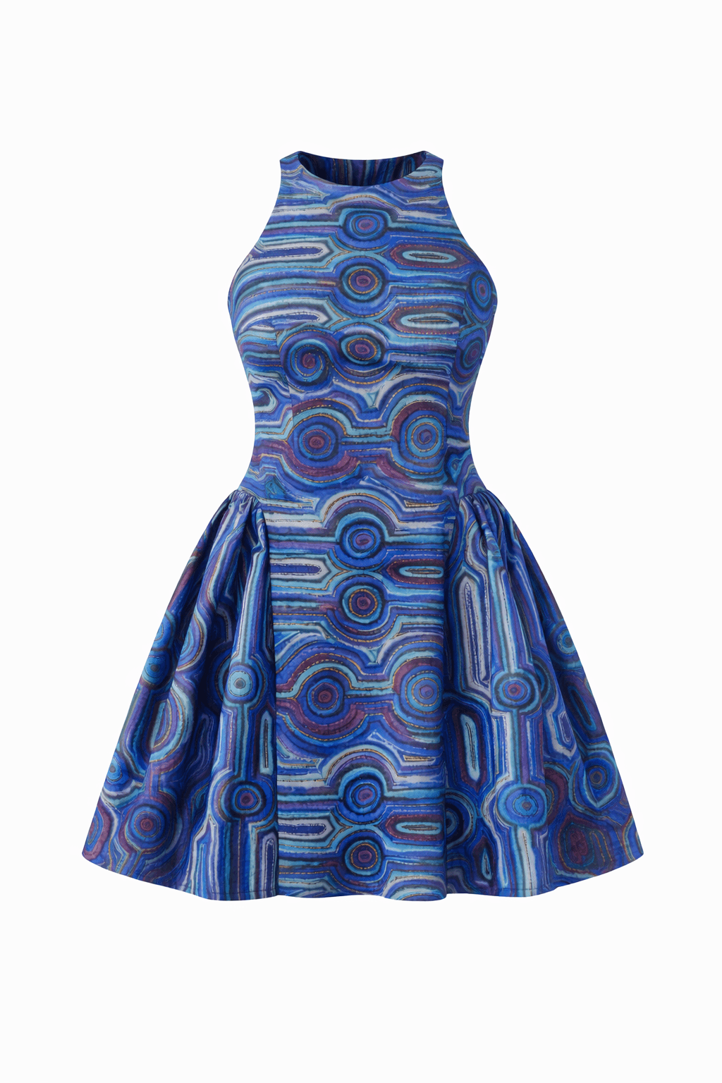 AI visualisation of a sleeveless dress with a gathered skirt in a blue Indigenous art print