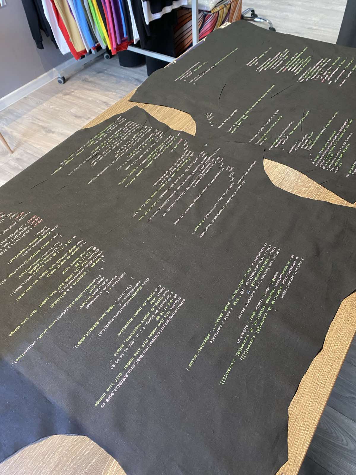 Custom fabric printed to order, laid out for cutting