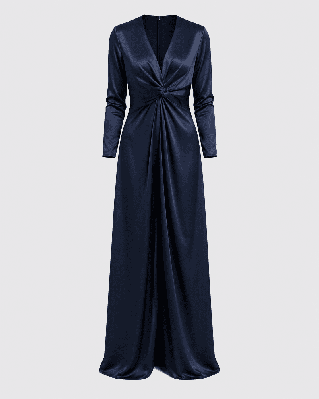 A navy satin twist-front bridesmaid gown with long sleeves