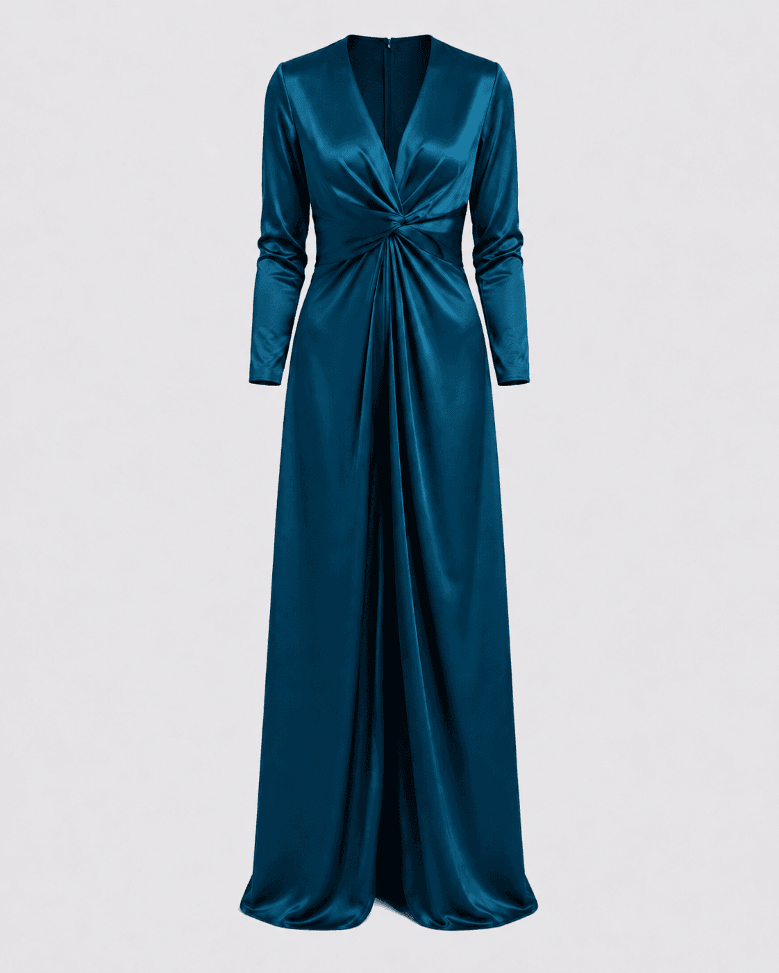 The same satin twist-front bridesmaid gown made in deep teal