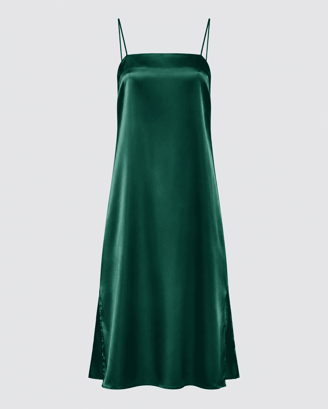 An emerald green square-neck bias-cut slip bridesmaid dress in satin