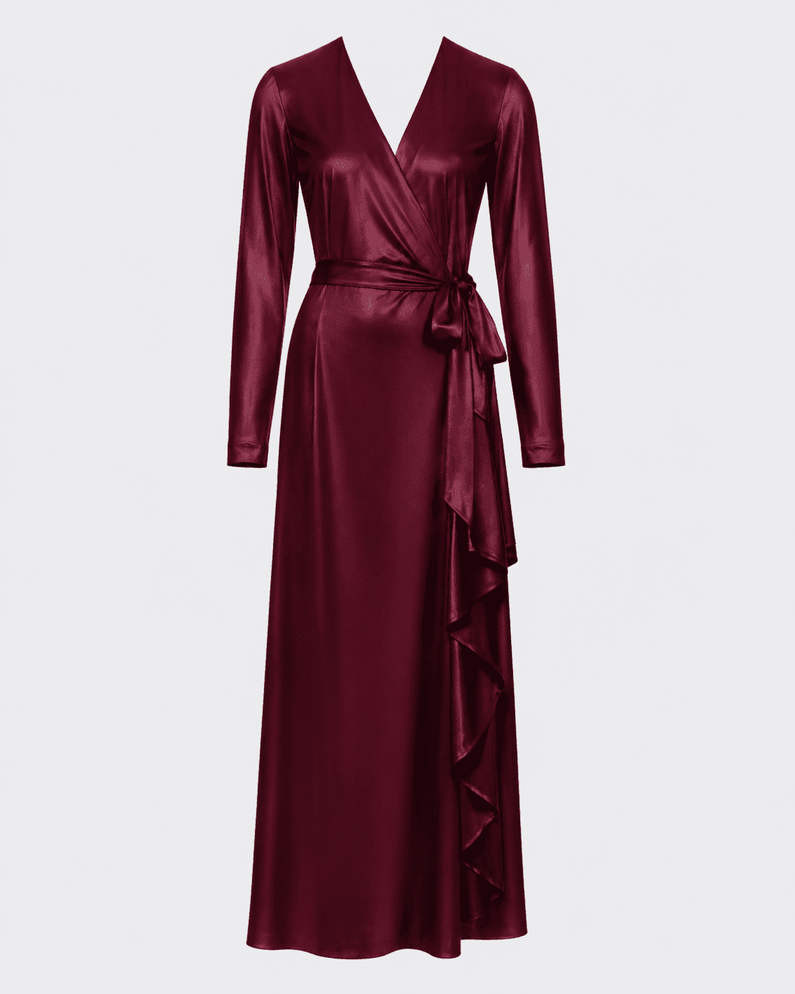 A burgundy long-sleeve wrap bridesmaid dress with a draped ruffle skirt
