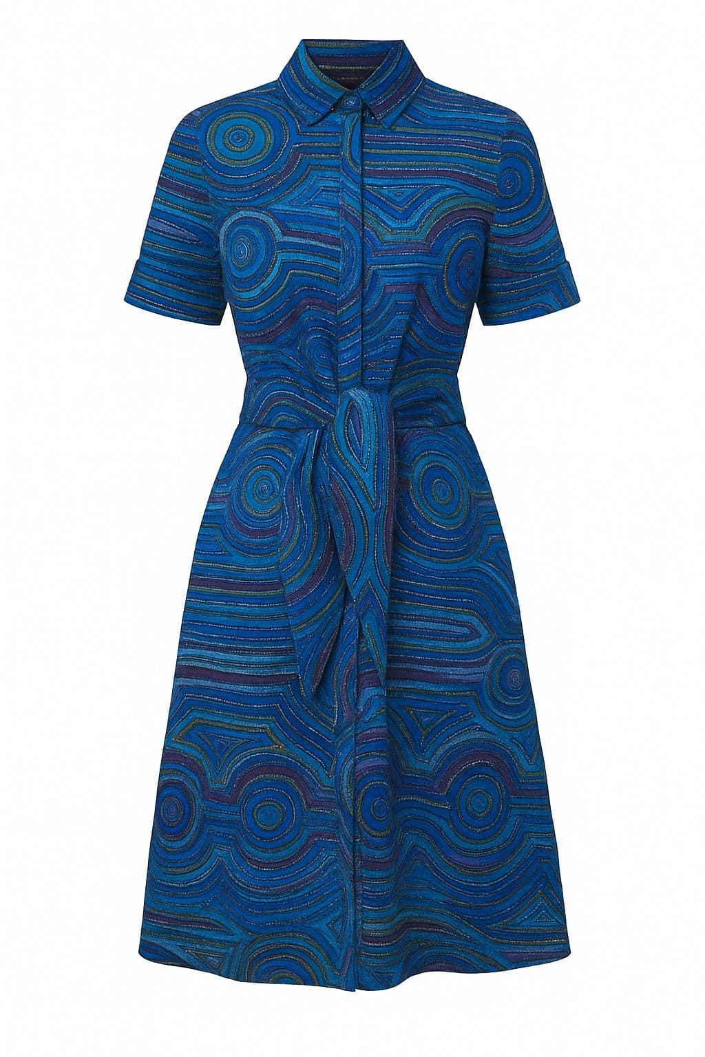 Design render of Mary's custom Emu Dreaming shirt dress with a waist tie.