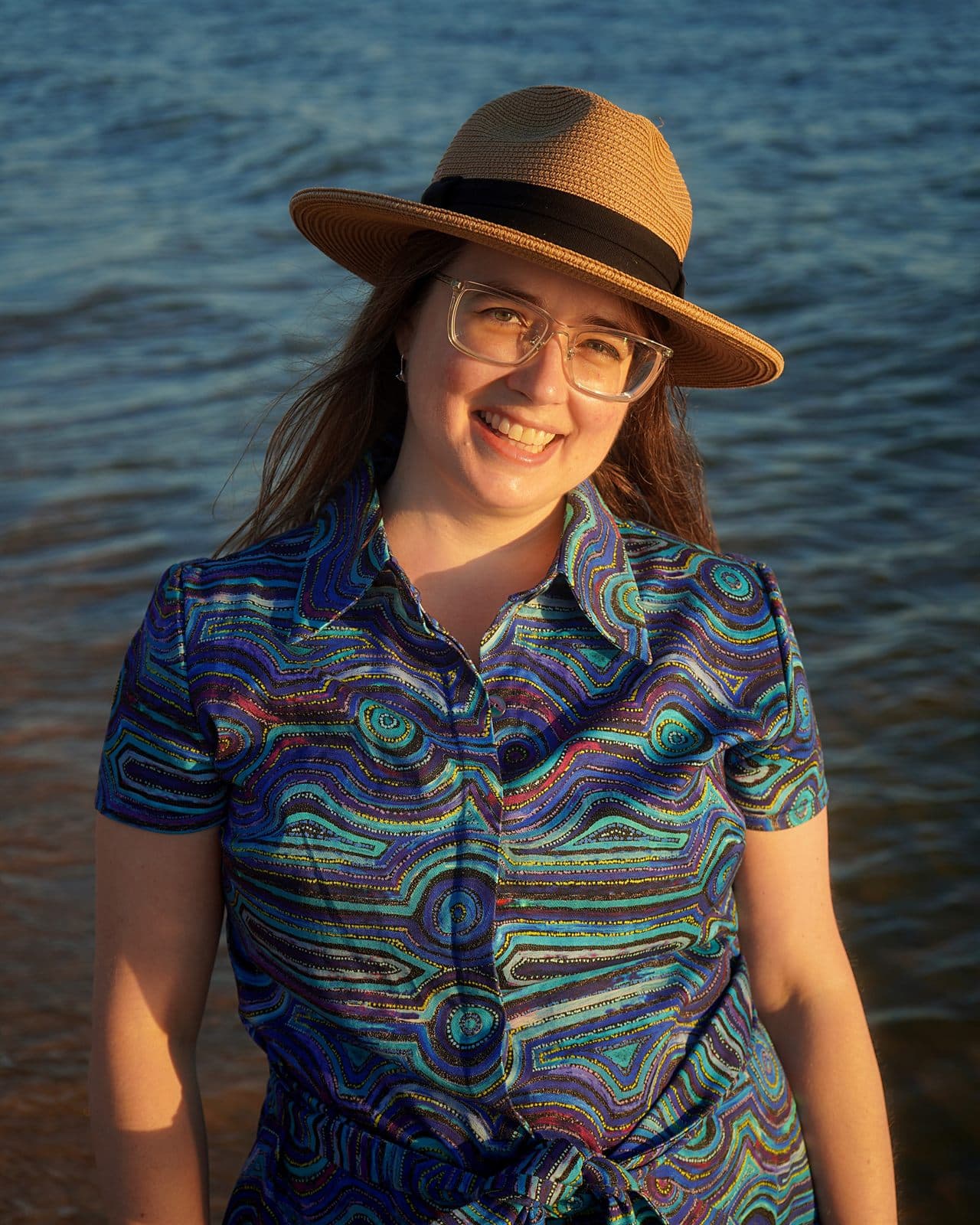 Close-up of Mary's made-to-measure Emu Dreaming cotton shirt dress.