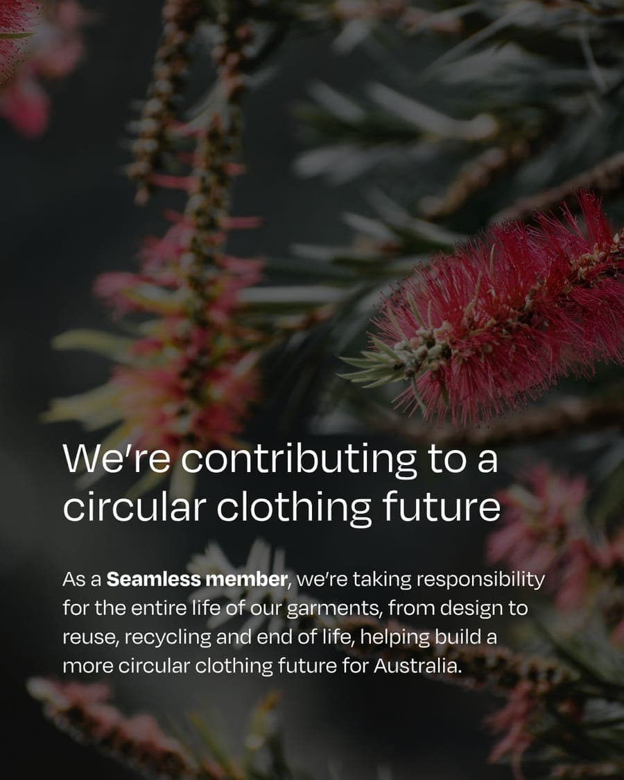 Seamless member tile — ‘We’re contributing to a circular clothing future’ over crimson bottlebrush flowers