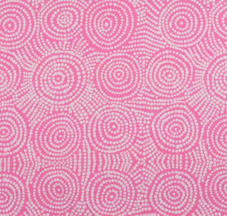 Pikilyi Jukurrpa (Vaughan Springs Dreaming) fabric — white dotted circles on pink cotton drill